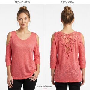Bobbie Brooks Ladies Coral Pink Cold Shoulder Top Crochet Lace Back Size Large